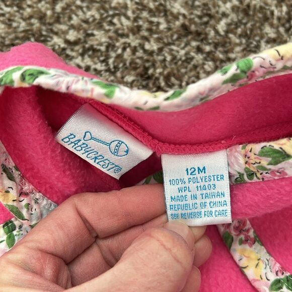 Vintage Babycrest Fleece Winter Pink Floral Baby Walksuit Jumpsuit 12M - Picture 7 of 13